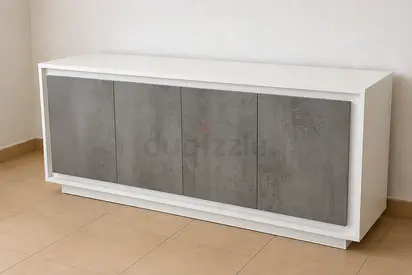 Modern White TV Cabinet with Grey Doors - 200 cm , Good Condition