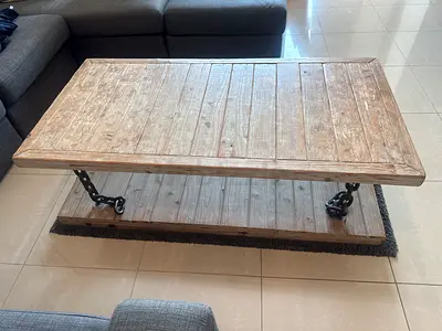 Crate and Barrel - Solid Rustic Wooden Coffee Table with Metal chain legs