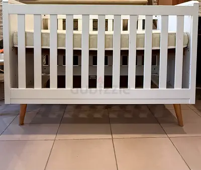 White Wooden Baby Crib with Mattress - Midcentury Style