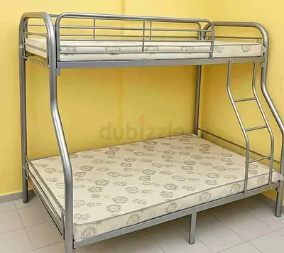 Metal Bunk Bed with Double Bottom  Single Top, Includes Mattresses