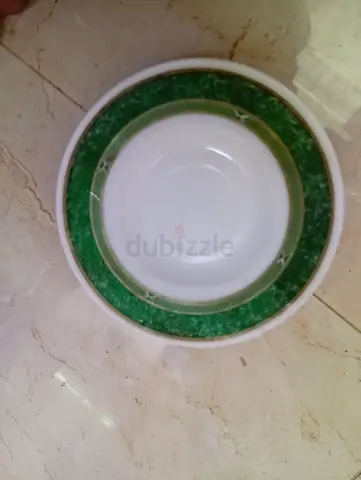 Set of green-trimmed ceramic dinner plates (single shown)