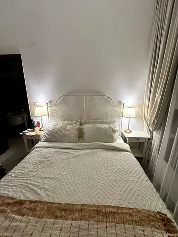 White Metal Double Bed Frame with Nightstands (Set) - Good Condition