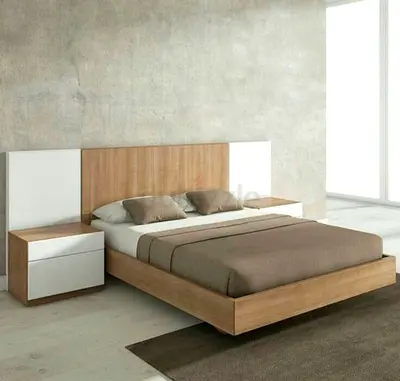 Modern Wooden Platform Bed with Integrated Headboard and Nightstands with mattress