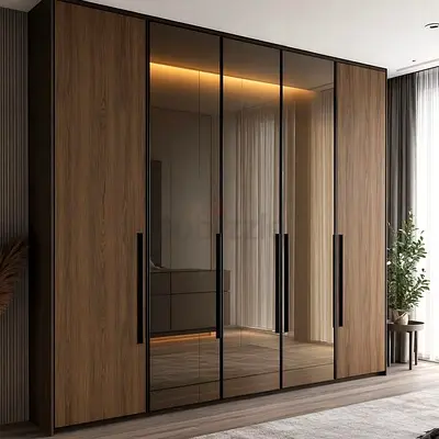 Six-Door Modern Wooden Wardrobe with Mirrored Panels