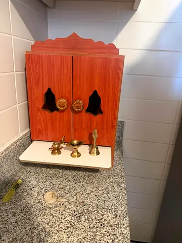 Small Wooden Home Puja Mandir Cabinet with Brass Puja Items