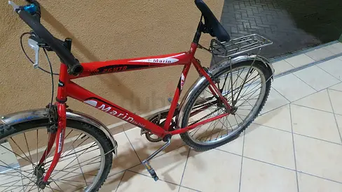 Red Marin mens mountain bicycle with rear rack — used
