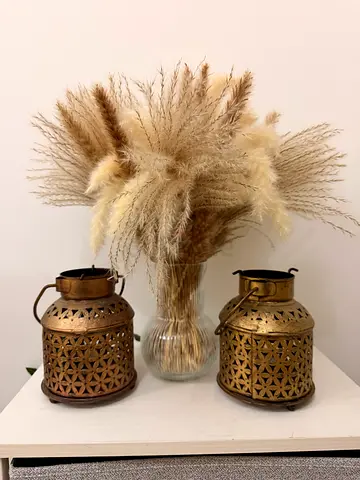 Set of 2 Decorative Brass Lanterns with Dried Pampas Arrangement