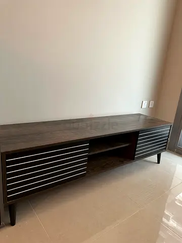 Modern Wooden Entertainment Center with Slatted Doors