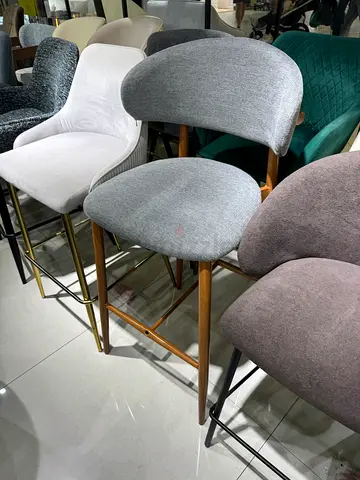 Bar Stool with Grey Upholstered Seat and metal wood style frame