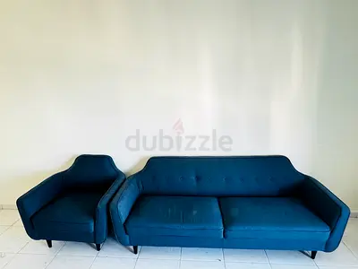 Blue 3-Seater Sofa with Matching Armchair - Good Condition