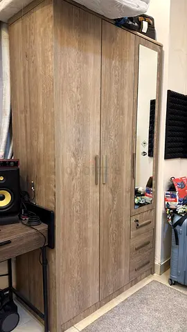 3-door Wooden Wardrobe with Mirror and Drawers - Light Oak