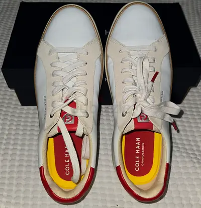 Genuine Cole Haan Leather Casual Sneakers - Size 8.5, Light Cream with Red Trim