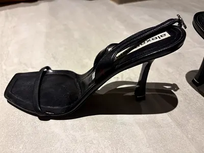 Black square-toe heeled sandals