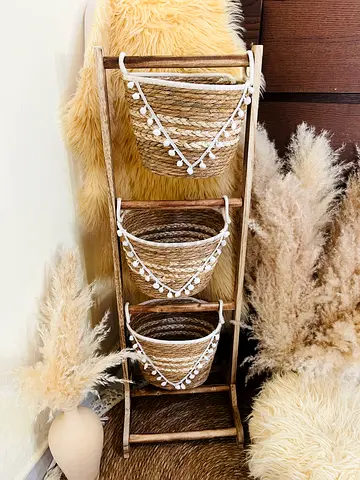 Rustic 3-Tier Woven Hanging Baskets on Wooden Stand — Ideal for Planters or Storage