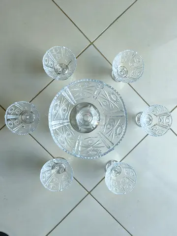 Clear Cut-Glass Center Bowl with 6 Matching Dessert Cups - Used