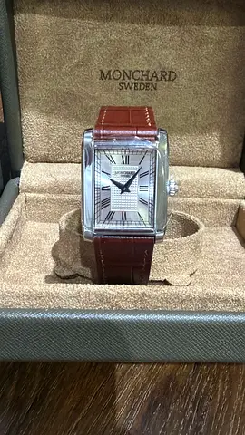 Monchard Sweden rectangular dress watch with brown leather strap