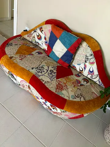 Used Patchwork Accent Armchair with Cushion - Colorful Fabric Upholstery