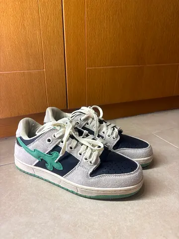 Used casual low-top sneakers, grey/navy with green accents, size approx EU 41