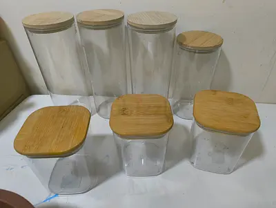 Set of 7 plastic Kitchen Storage Jars with Bamboo Lids