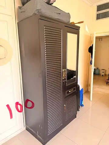 Dark Brown Wooden Wardrobe with Mirror and Shutter Design
