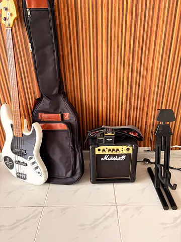 Bass Guitar, Amplifier, Bag, Straps and Stand