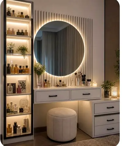 Modern LED Vanity Table with Round Lighted Mirror and Storage Drawers