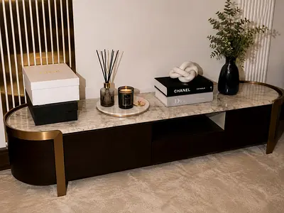 Marble-Top Low TV Console / Media Cabinet with decorations