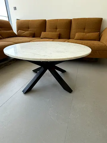 Round Marble Coffee Table with Black Metal Base - Excellent Condition