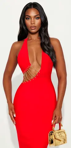 Red Halter Bodycon Dress with Gold Chain Detail