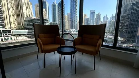 Pair of modern mustard accent chairs with side table - lightly used