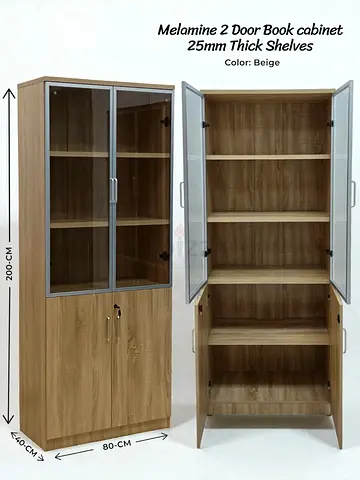 Wooden 2-Door Book Shelf with Storage – Modern Beige Melamine Book Cabinet for Home  Office Use