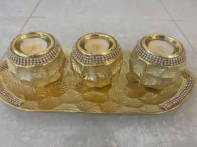 Gold Decorative Triple Tealight Candle Holder Set with Tray