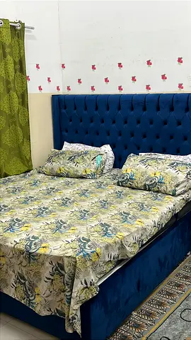 Used Velvet Upholstered King Bed with Floral Mattress and Cushions