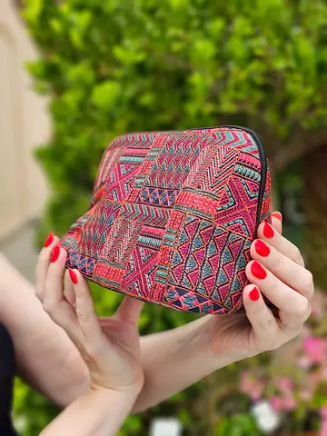 Hand-embroidered Small Cosmetic Pouch – Pink Geometric Pattern