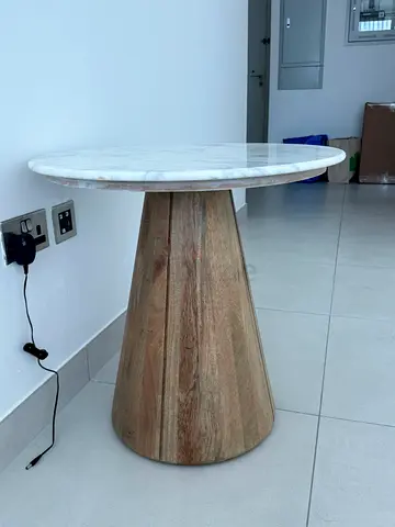 Round Marble Top Side Table with Wooden Cone Base/ H 60 x W 60