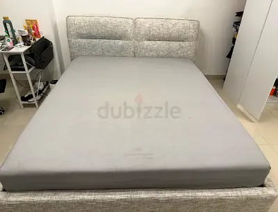 Queen fabric upholstered bed frame with mattress - good condition