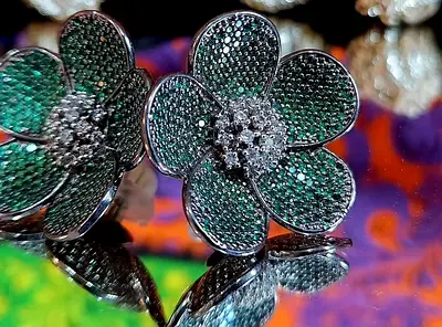 Silver-tone Floral Earrings with Green and Clear Stones exclusive 1 pc only