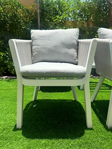 8 Premium Outdoor Rope Dining Chairs – Aluminium Frame – Light Grey