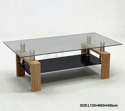 Modern Glass Top Coffee Table with Oak Legs and Lower Shelf (L120×W60×H45cm)