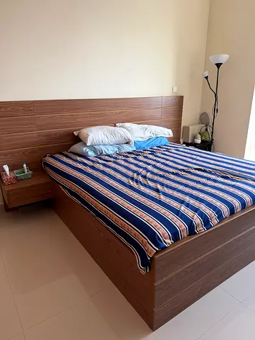 Queen Size Wooden Bed Frame with Headboard and Side Table - Good Condition