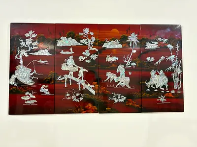 Vintage Mother-of-Pearl Inlaid Lacquer Wall Panel Set (4 Pieces)