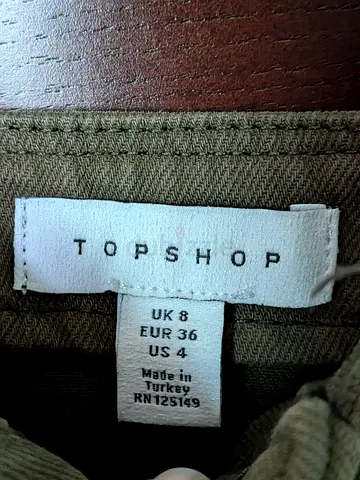 Topshop womens skirt/trousers size UK 8 (EUR 36, US 4) - olive kaki green, jean, never used.