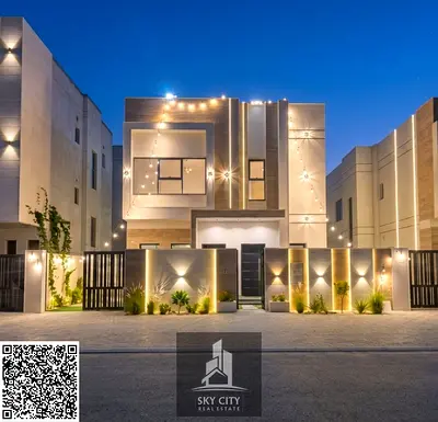 Luxury villa for rent in Al Helio, Ajman. First occupancy. 3 bedrooms with a large yard and stone facade. Price: 95,000 AED.