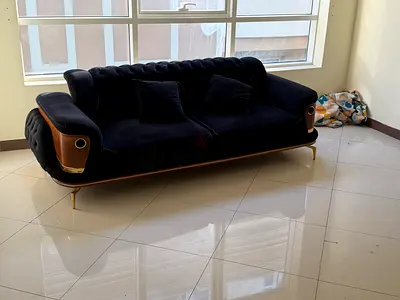 Modern Black Velvet 3-Seater Sofa with Wooden Accents
