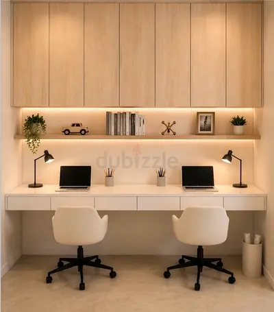 Modern Two Person Integrated Workspace with Wall Cabinets