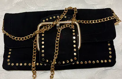 Black Suede Clutch Bag with Gold Studs and Chain Strap