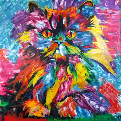 Vibrant Pop Art/Abstract Persian Cat Painting - Original Oil Artwork