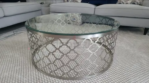Home center Round Glass Top Coffee Table with Decorative Metal Base