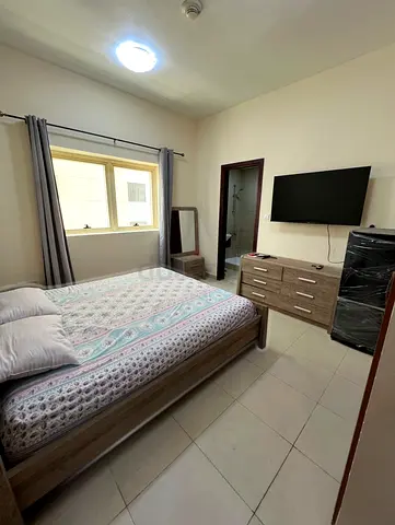 Queen wooden bed frame with mattress, dresser and TV - good condition fridge used only for 3 months