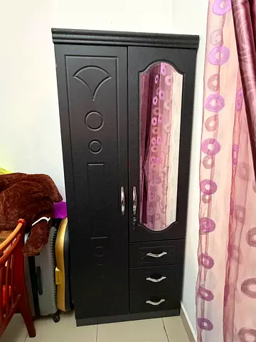 Black Freestanding Wardrobe with Mirror and Drawers - Good Condition